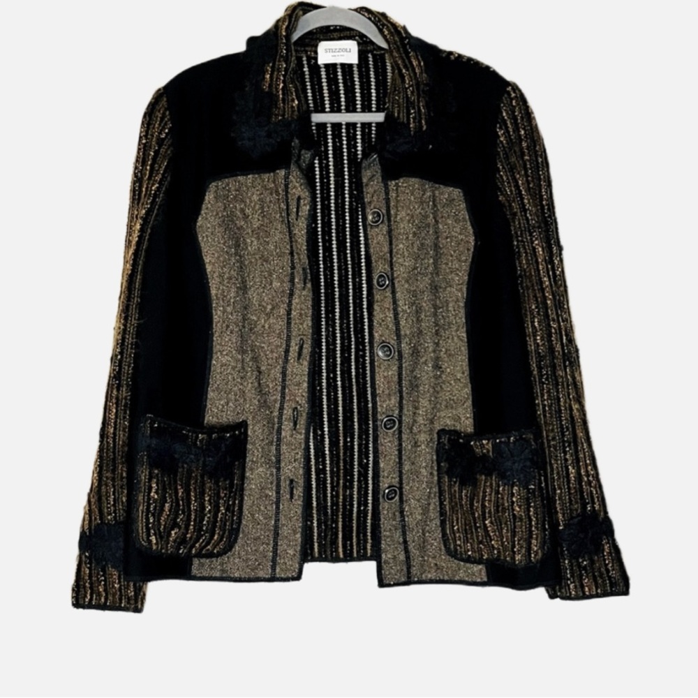 Stizzoli Wool Blend Button Up Jacket with Patchwork Accents Women’s Size Medium